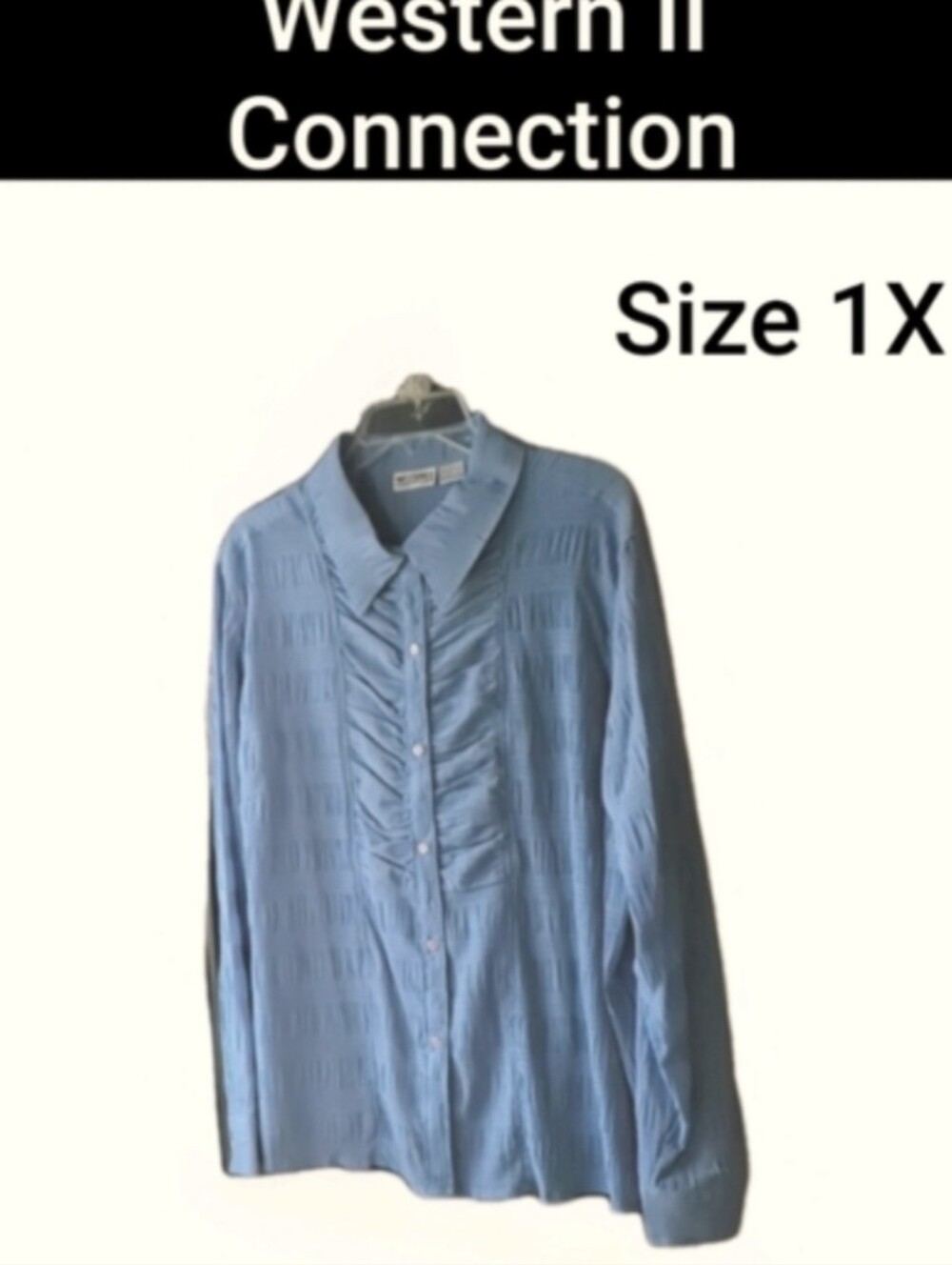 Blouse Western Connection II Womens Button Front Sky Blue 1X Crinkled Polyester